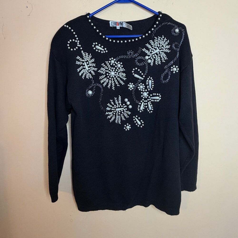 VTG L'EAU VIVE Black Long Sleeve Pullover Sweater Size M Embellished beaded
